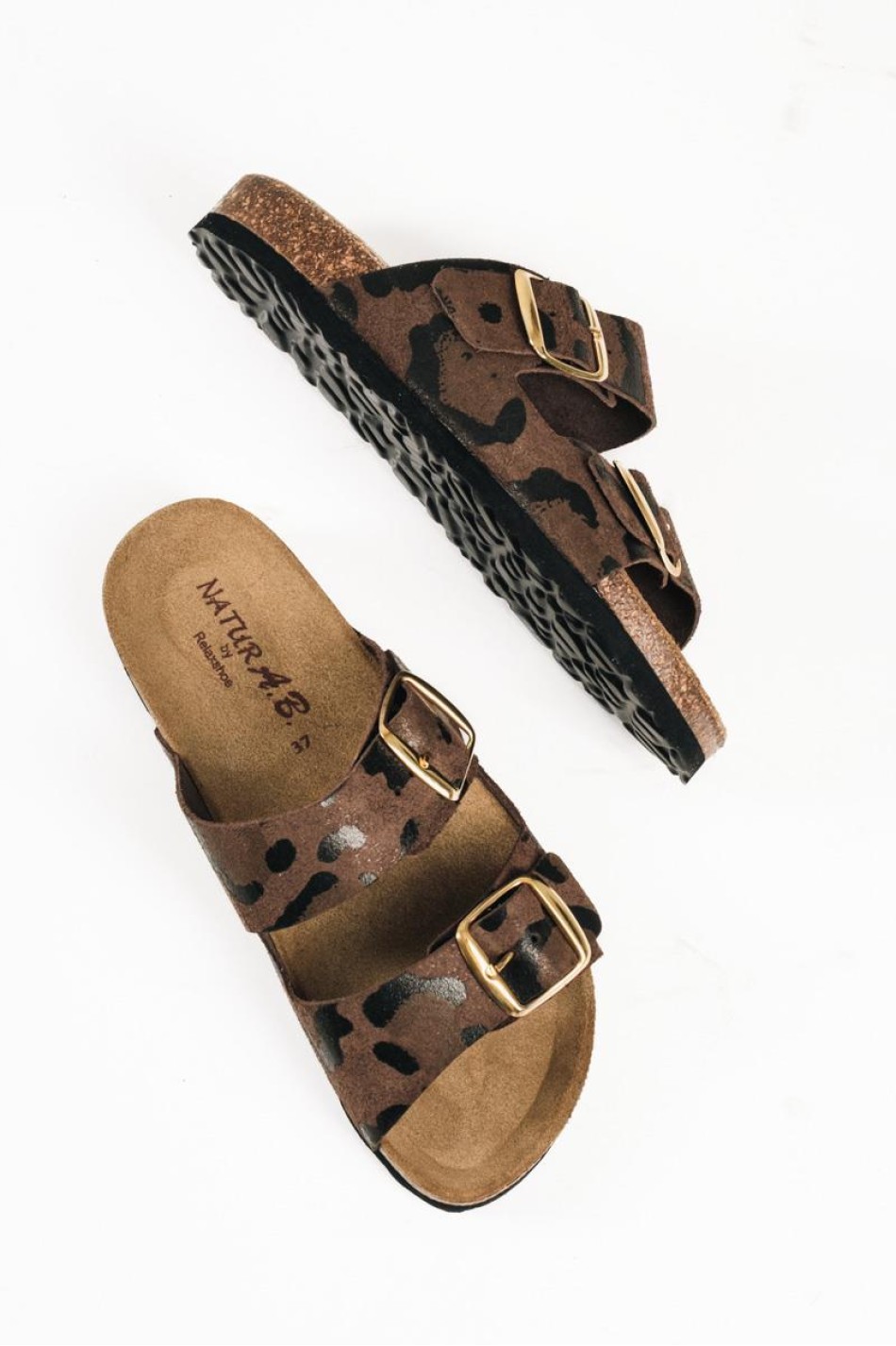 Adams fussbett δερμάτινα σανδάλια με δύο τόκες σε καφέ animal print