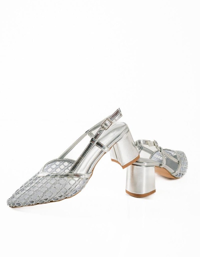 Slingback βραδινές γόβες με διαφάνεια σε ασημί χρώμα