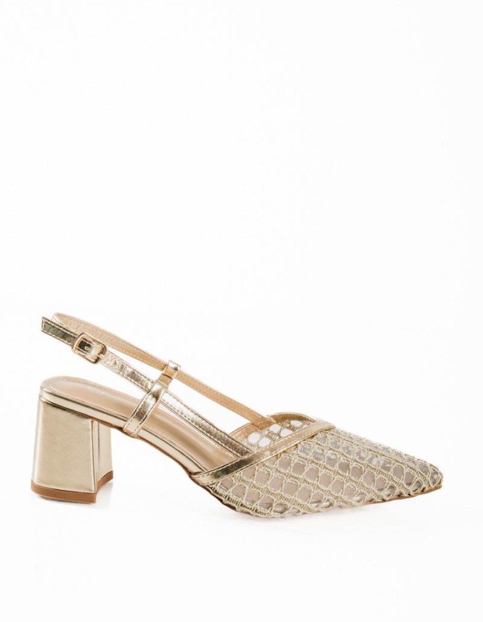 Slingback metallic χρυσές γόβες με διαφάνεια και χοντρό τακούνι