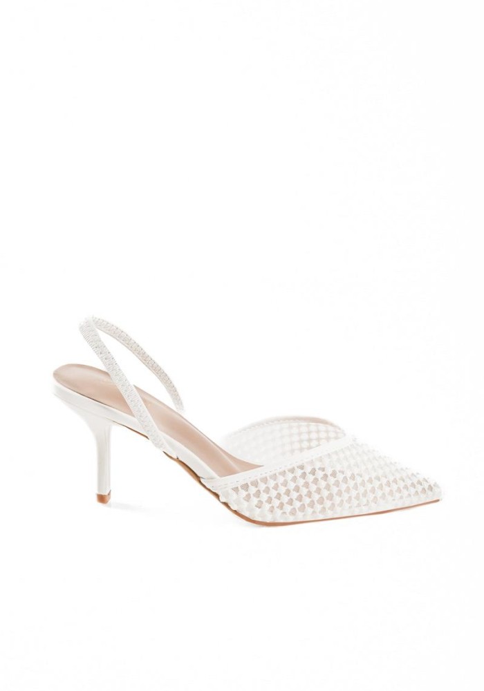 Γυναικείες slingback γόβες με διαφάνεια και μικρές πέρλες σε άσπρο χρώμα