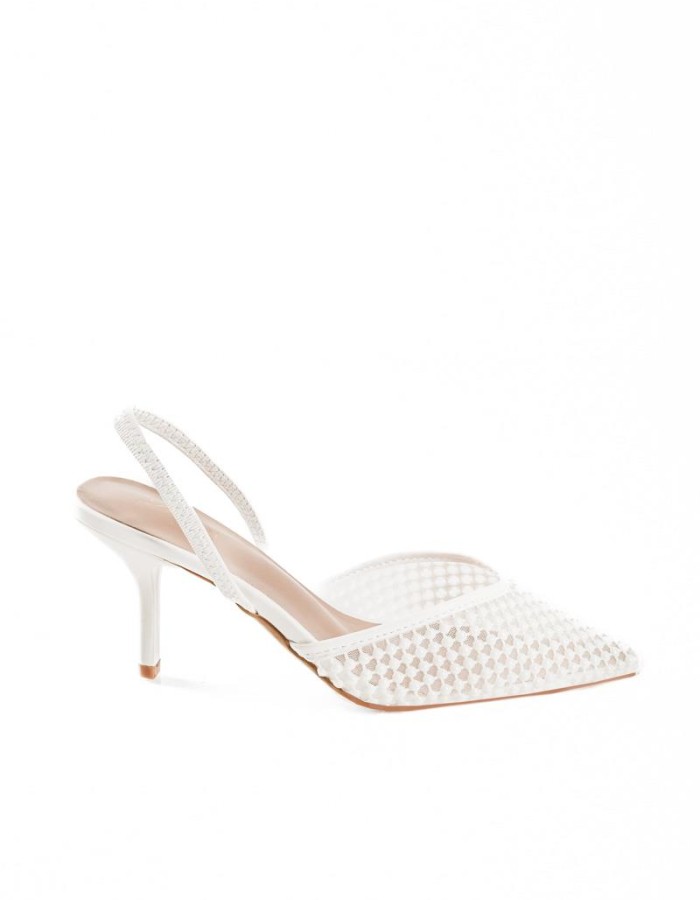 Γυναικείες slingback γόβες με διαφάνεια και μικρές πέρλες σε άσπρο χρώμα
