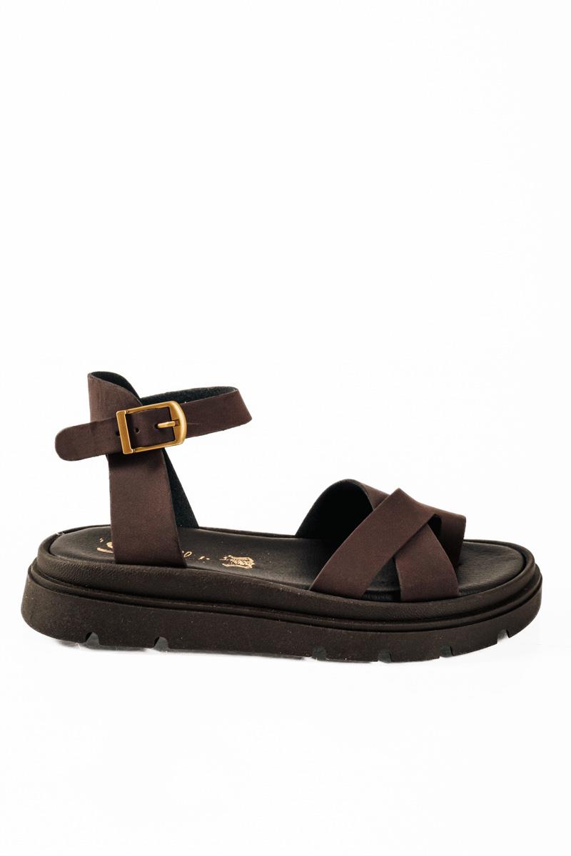 Si Bolleti καφέ γυναικεία flatforms με χιαστί φάσα και μπαρέτα