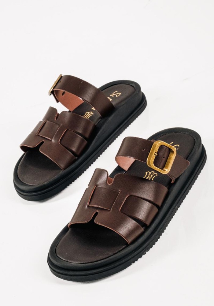 Si Bolleti καφέ flatforms με φαρδιά φάσα και ρυθμιζόμενο λουράκι
