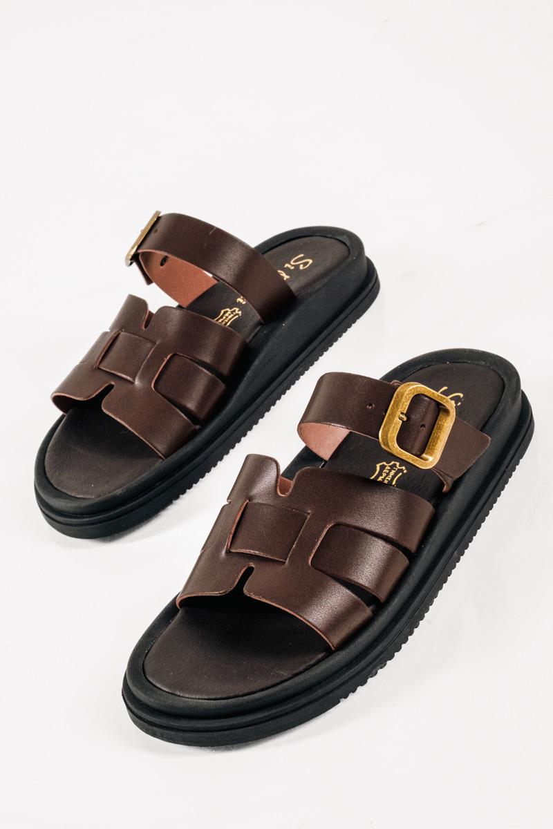 Si Bolleti καφέ flatforms με φαρδιά φάσα και ρυθμιζόμενο λουράκι