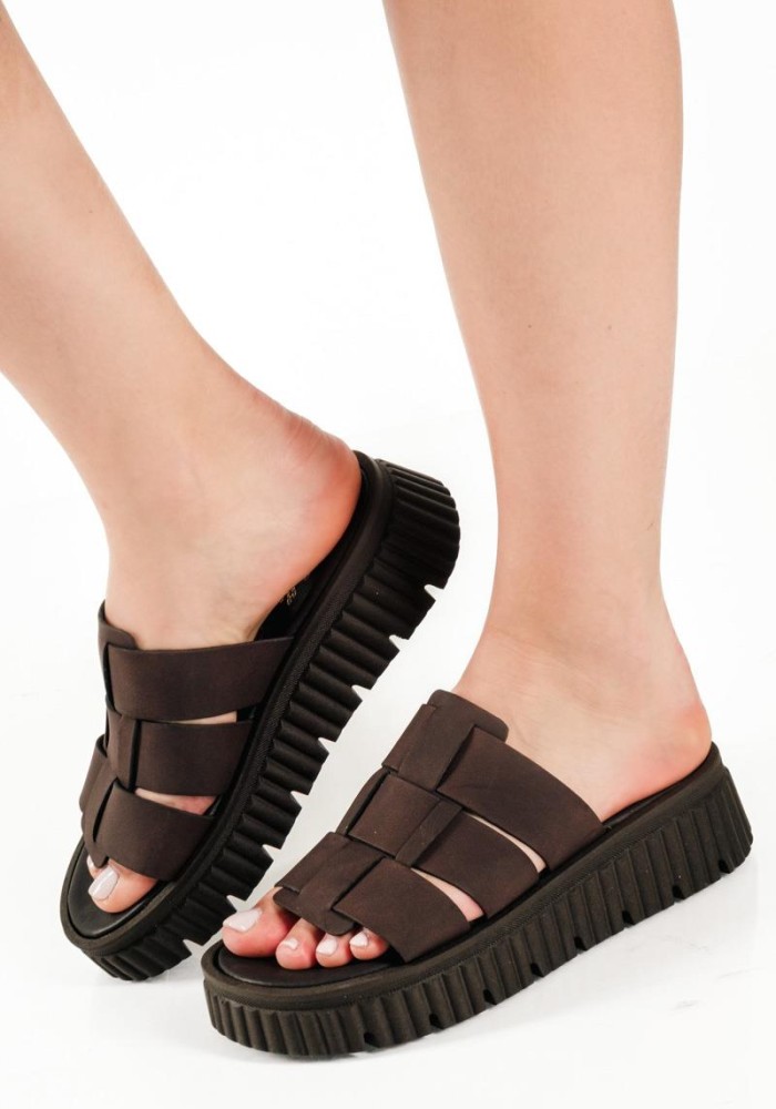 Si Bolleti καφέ γυναικεία flatforms με φαρδιά φάσα και ιδιαίτερη σόλα