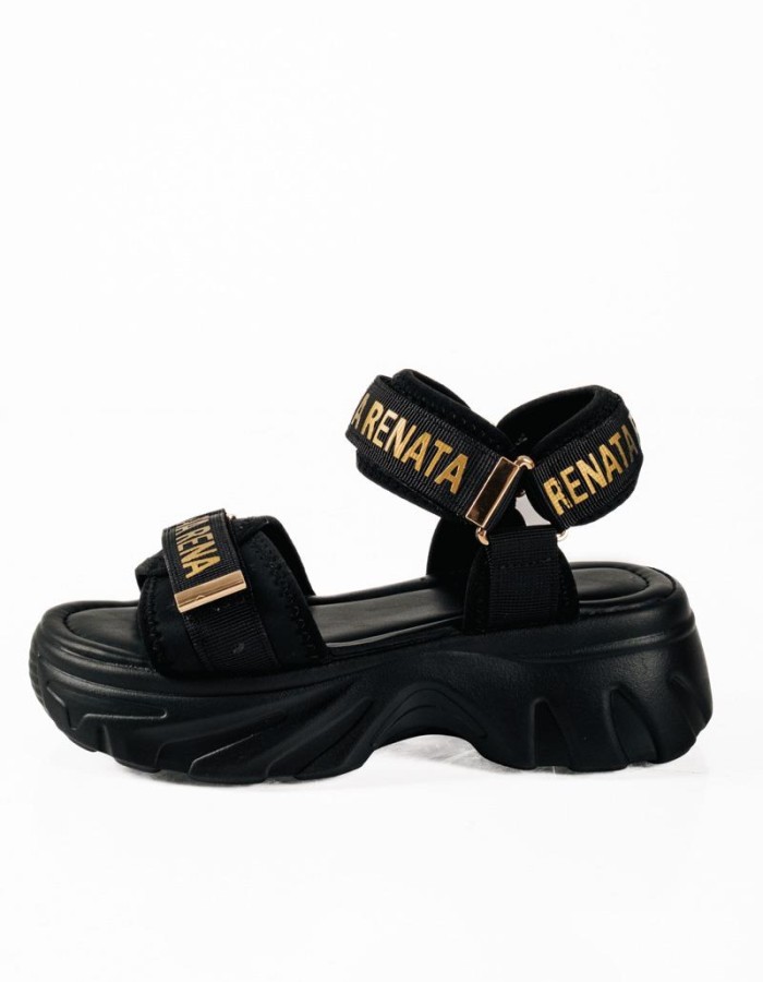 Sporty sandals με velcro και χρυσές λεπτομέρειες σε μαύρο χρώμα