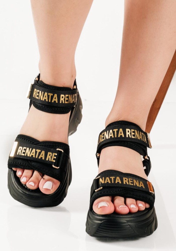Sporty sandals με velcro και χρυσές λεπτομέρειες σε μαύρο χρώμα
