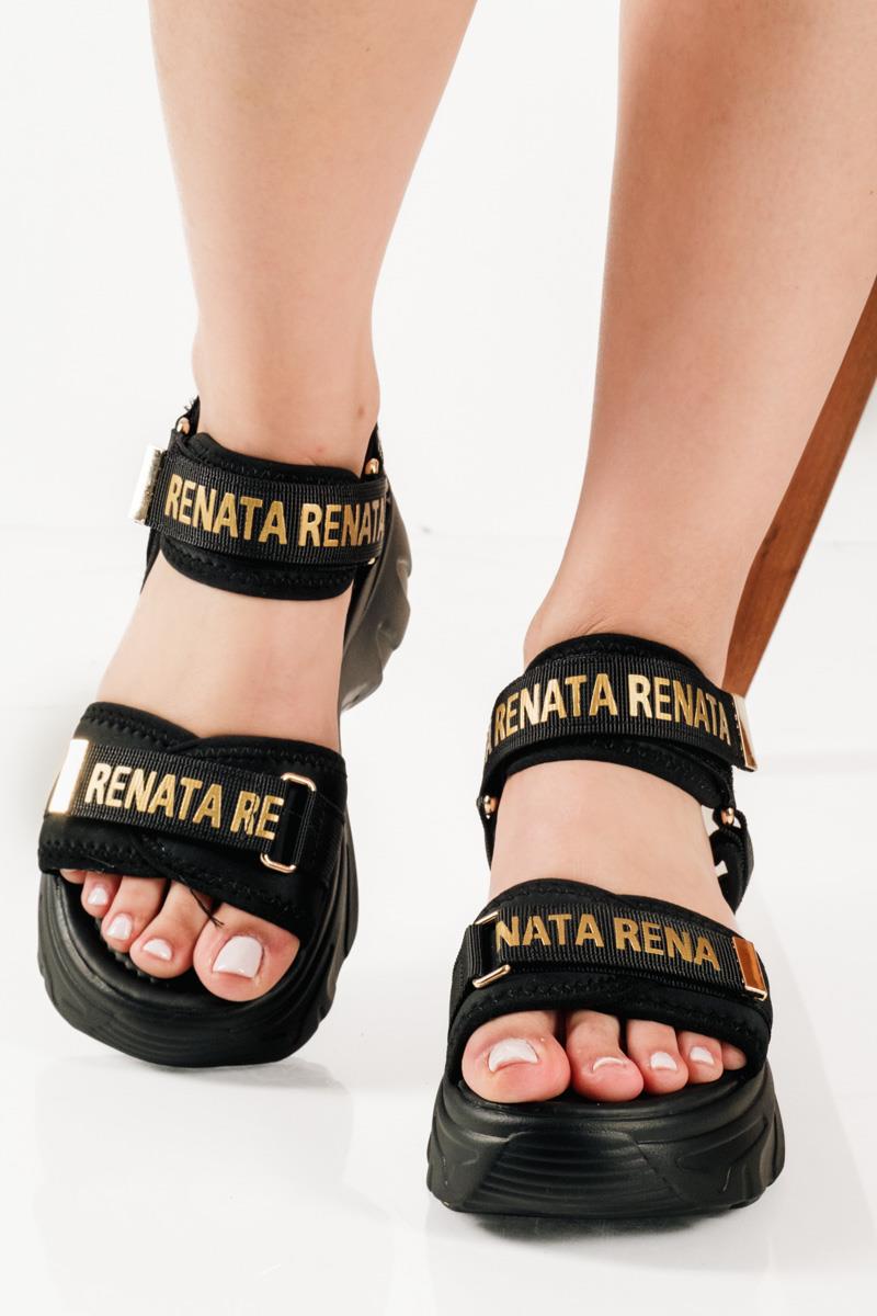 Sporty sandals με velcro και χρυσές λεπτομέρειες σε μαύρο χρώμα