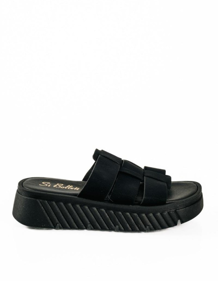 Si Bolleti μαύρα nubuck γυναικεία flatforms με φαρδιά φάσα και ιδιαίτερη σόλα