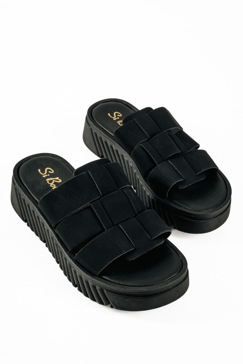 Si Bolleti μαύρα nubuck γυναικεία flatforms με φαρδιά φάσα και ιδιαίτερη σόλα