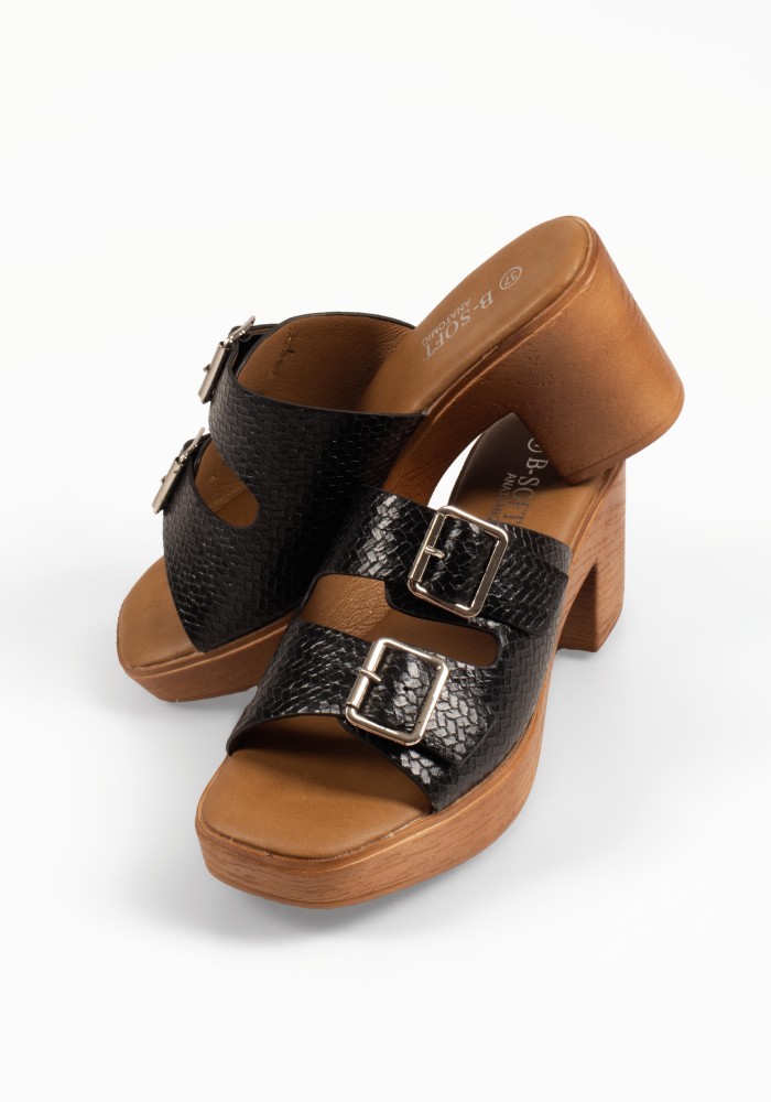 B-Soft μαύρα mules με xοντρό ψηλό τακούνι και κροκό υφή