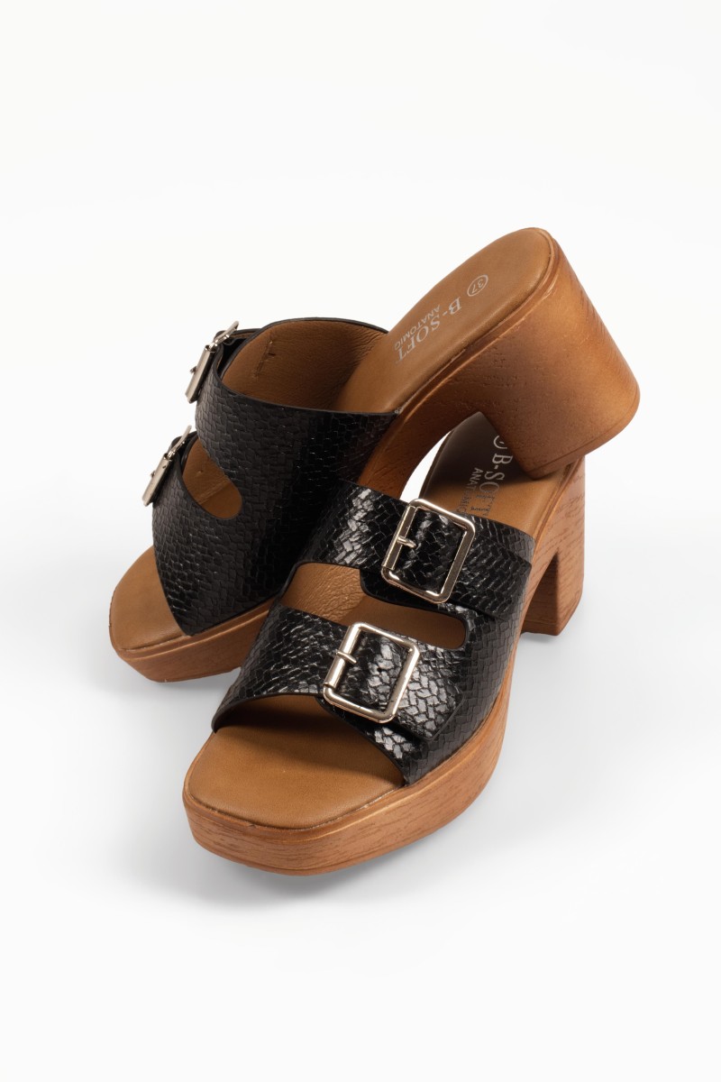 B-Soft μαύρα mules με xοντρό ψηλό τακούνι και κροκό υφή