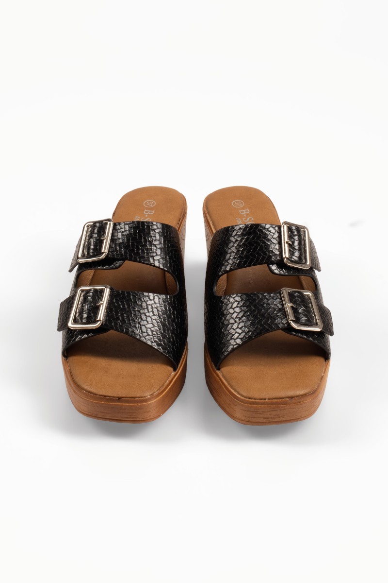 B-Soft μαύρα mules με xοντρό ψηλό τακούνι και κροκό υφή