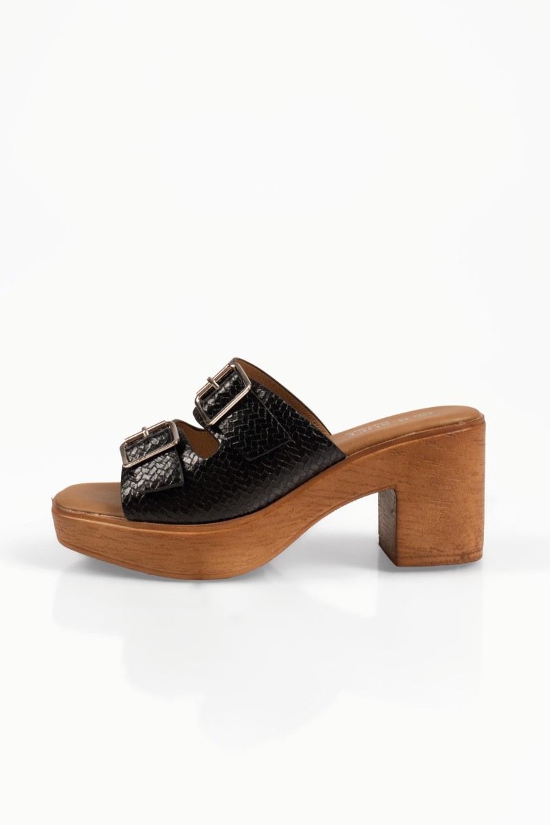 B-Soft μαύρα mules με xοντρό ψηλό τακούνι και κροκό υφή