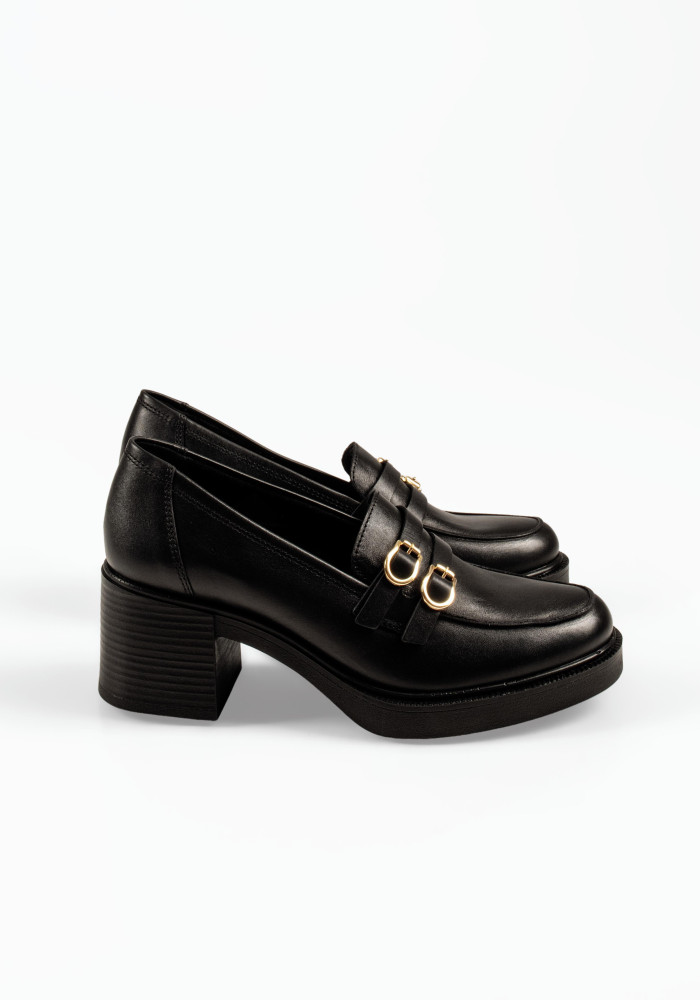 Ragazza μαύρα γυναικείa loafers με χοντρό τακούνι και διακοσμητικά ζωνάκια