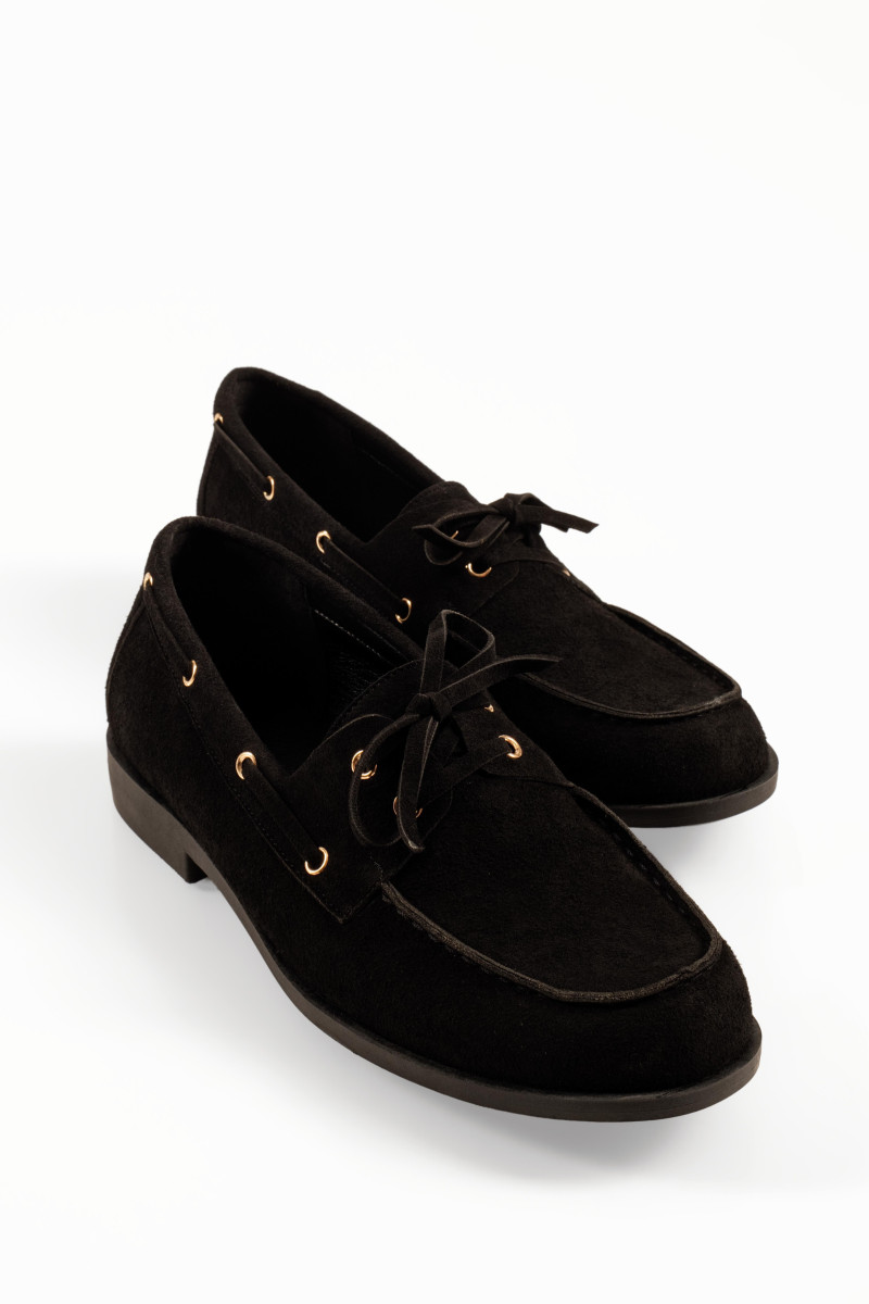 Γυναικεία μαύρα deck loafers σουέτ με δετά κορδόνια
