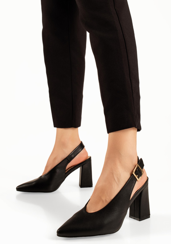 Γυναικείες slingback γόβες μαύρες με αγκράφα και χοντρό τακούνι