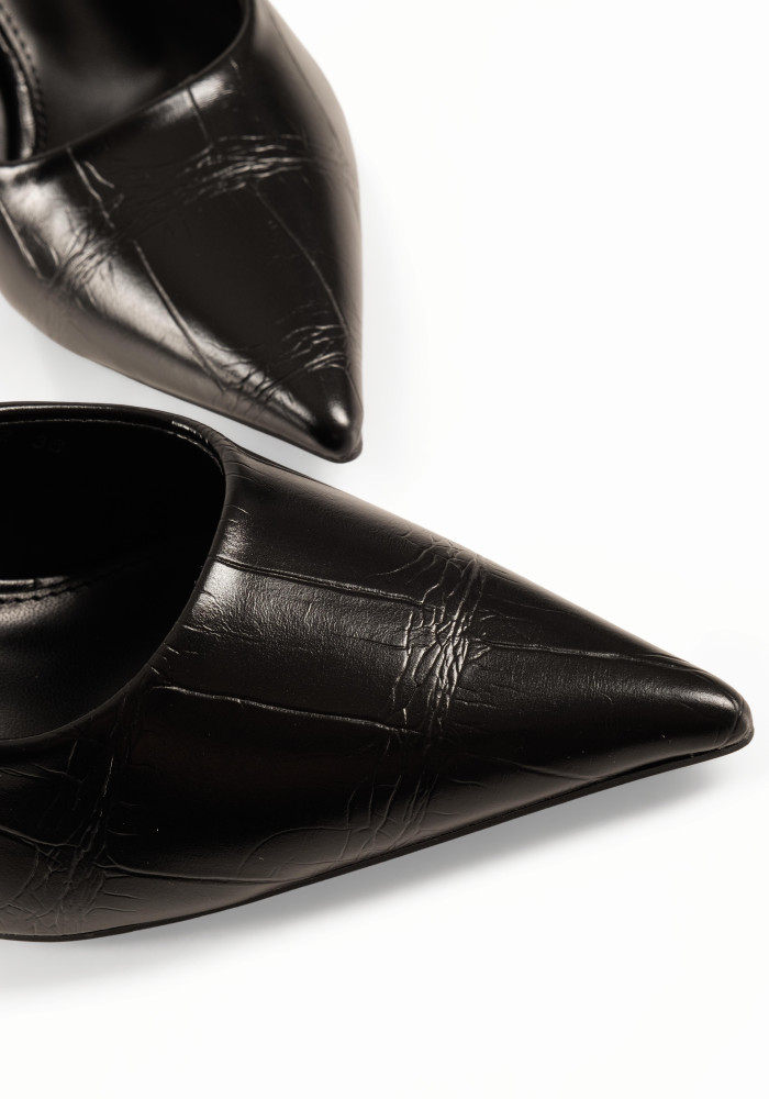 Slingback μαύρες γόβες μυτερές slingback με κροκό ανάγλυφη υφή