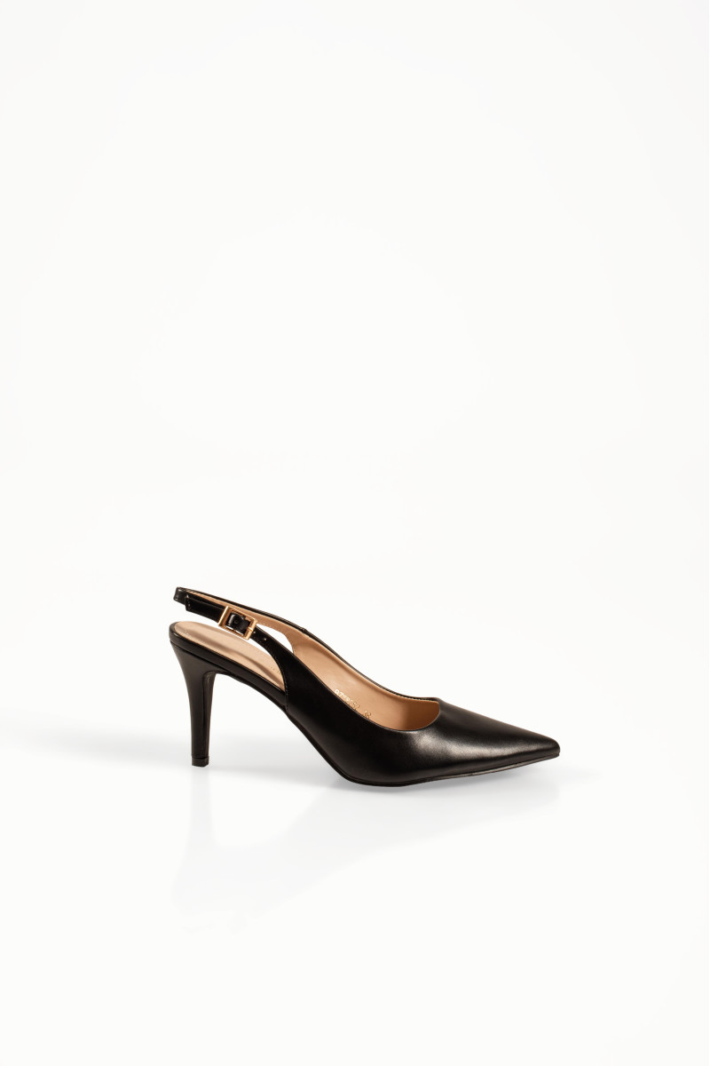 Μαύρες γυναικείες γόβες μυτερές slingback με ψηλό λεπτό τακούνι