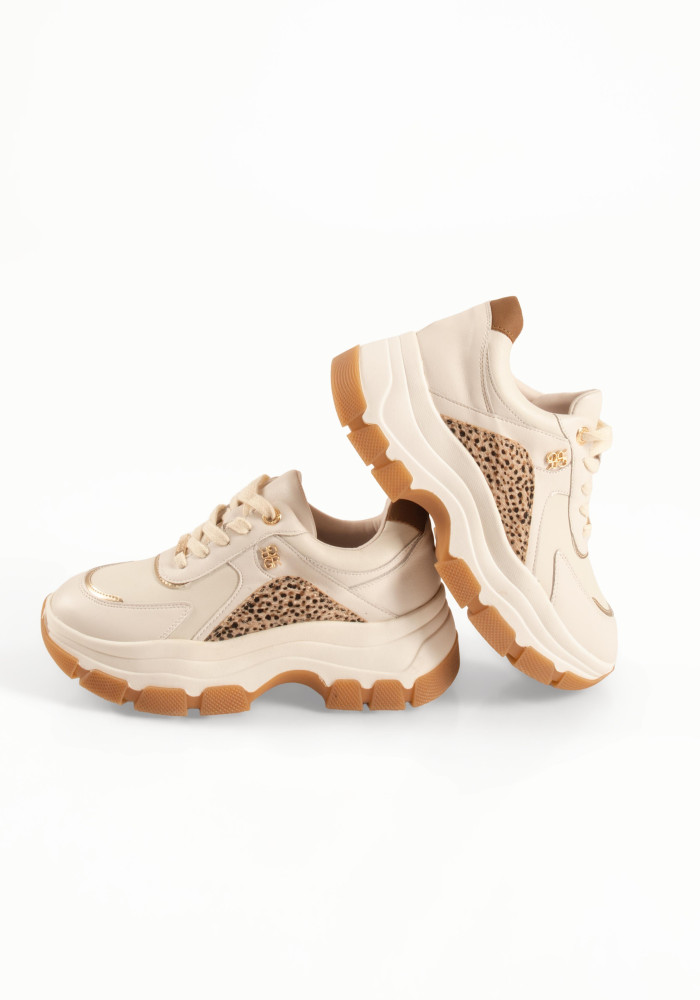 Chunky γυναικεία μπεζ sneakers με λεοπάρ λεπτομέρειες