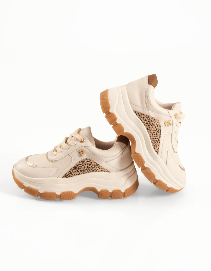 Chunky γυναικεία μπεζ sneakers με λεοπάρ λεπτομέρειες