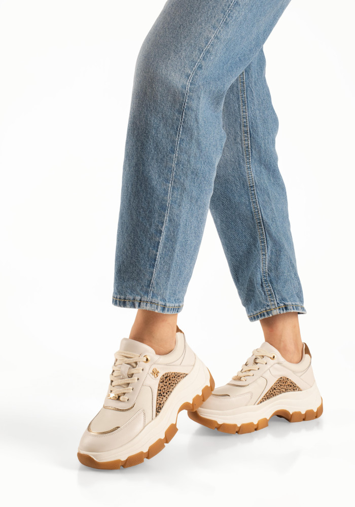 Chunky γυναικεία μπεζ sneakers με λεοπάρ λεπτομέρειες
