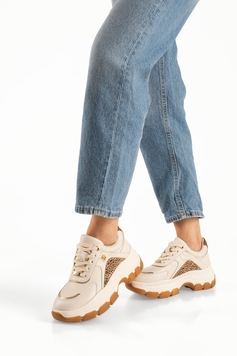 Chunky γυναικεία μπεζ sneakers με λεοπάρ λεπτομέρειες