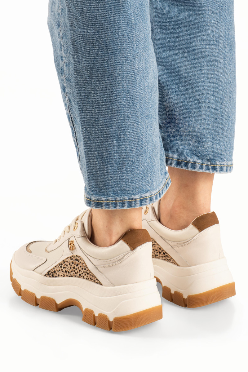 Chunky γυναικεία μπεζ sneakers με λεοπάρ λεπτομέρειες