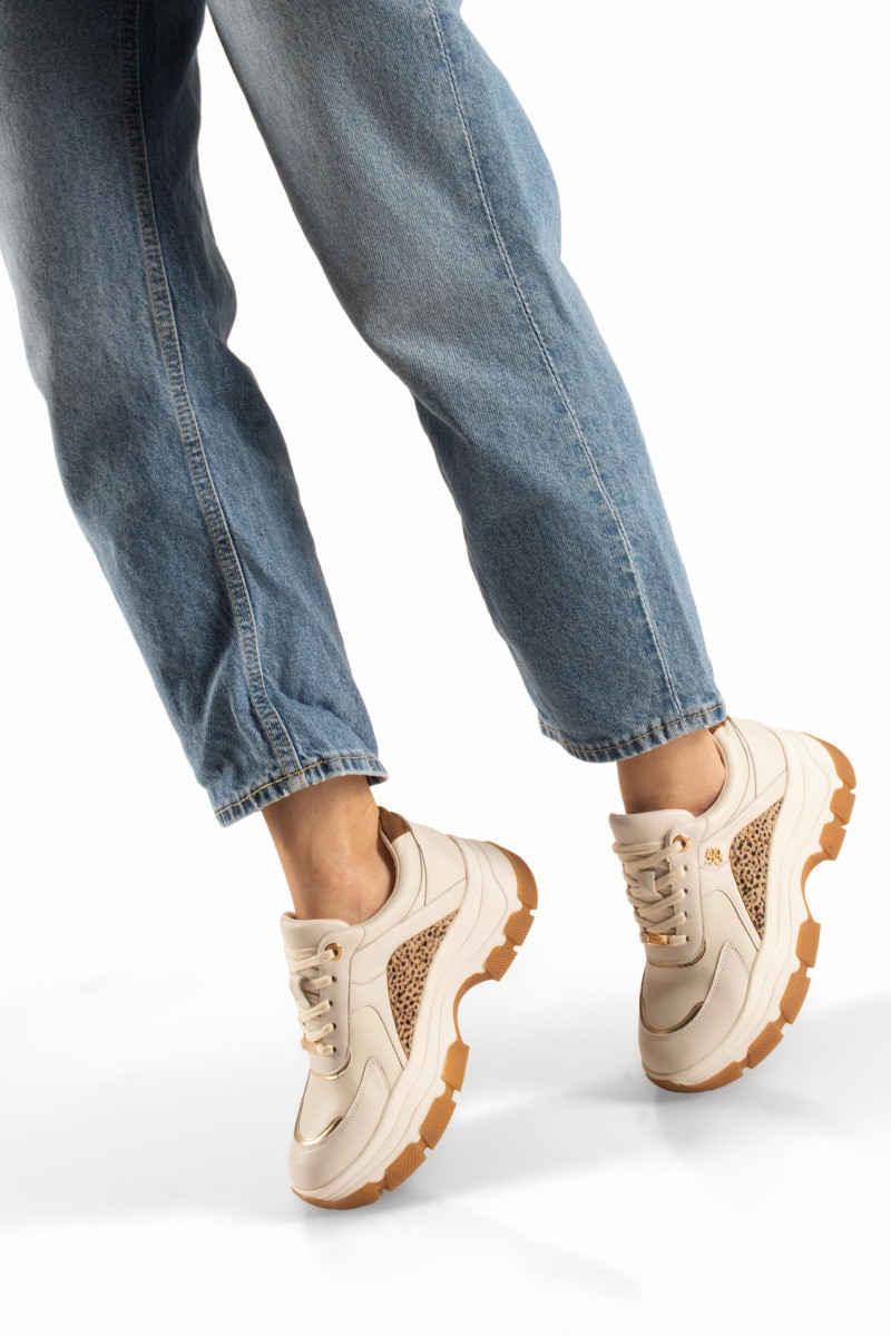 Chunky γυναικεία μπεζ sneakers με λεοπάρ λεπτομέρειες