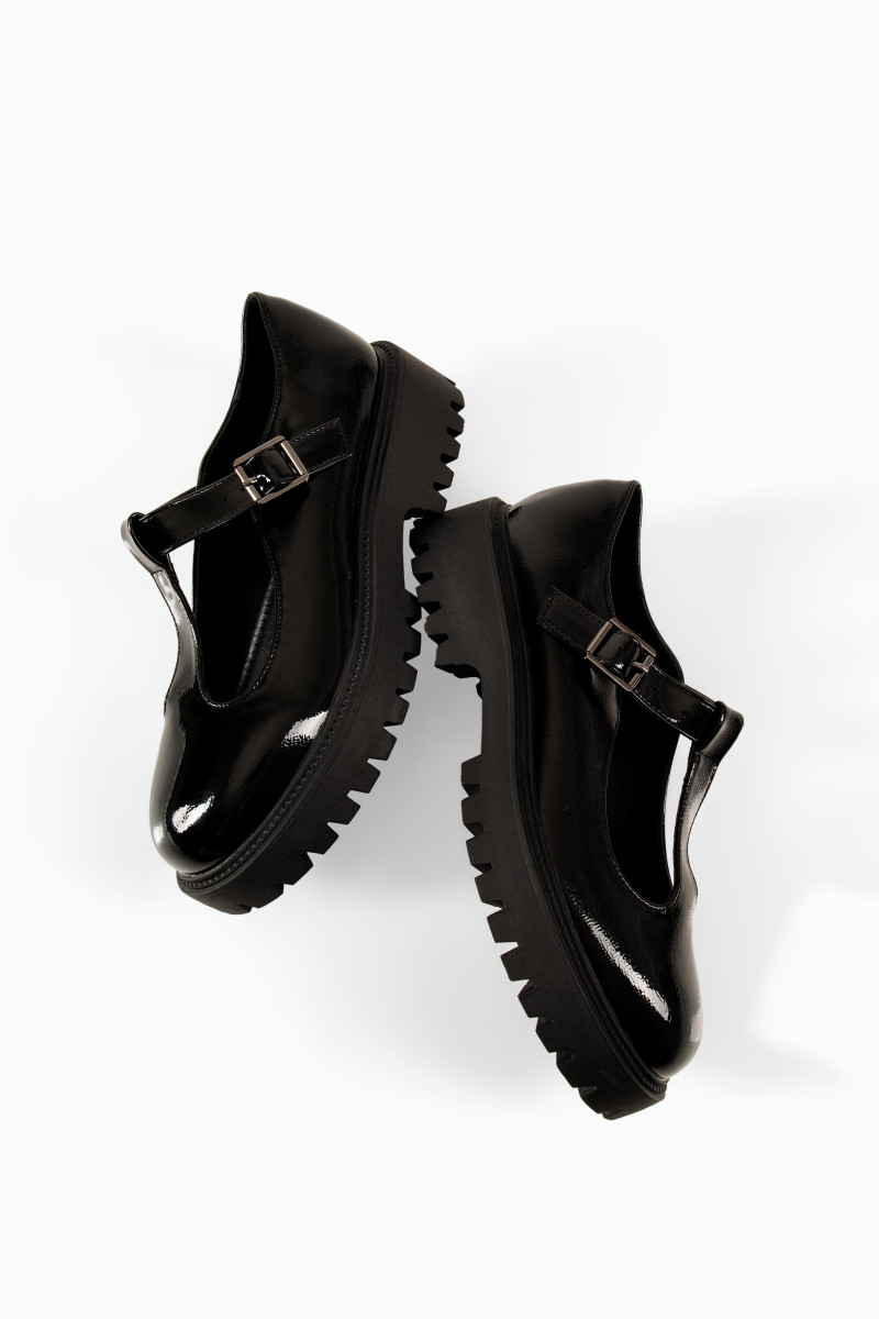 Zak λουστρίνι T-Bar μαύρα γυναικεία loafers με chunky σόλα