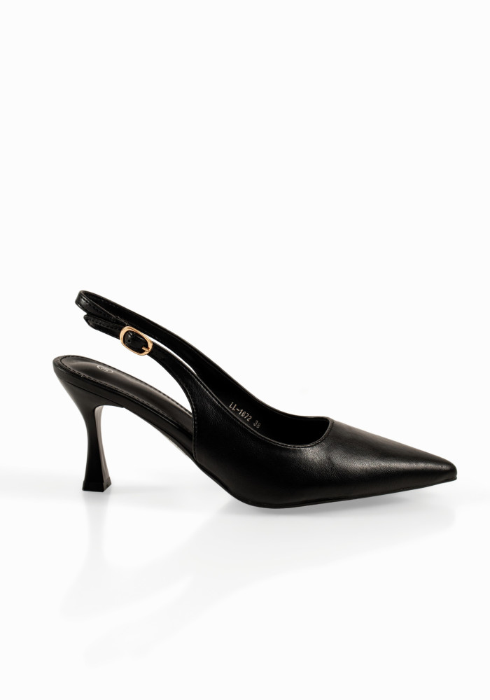Slingback γυναικείες μαύρες γόβες με χρυσή αγκράφα και λεπτό τακούνι