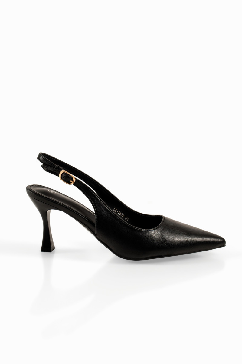Slingback γυναικείες μαύρες γόβες με χρυσή αγκράφα και λεπτό τακούνι