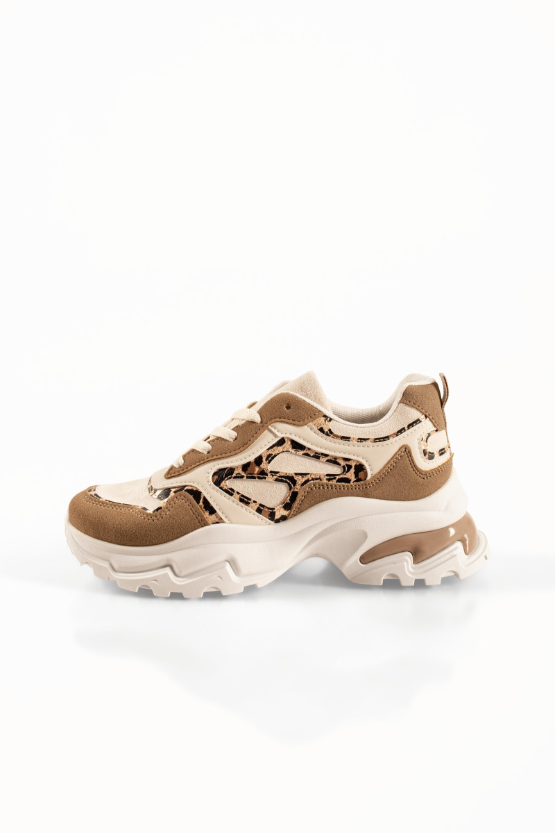 Γυναικεία μπεζ sneakers με ενισχυμένη chunky σόλα και λεοπάρ λεπτομέρειες
