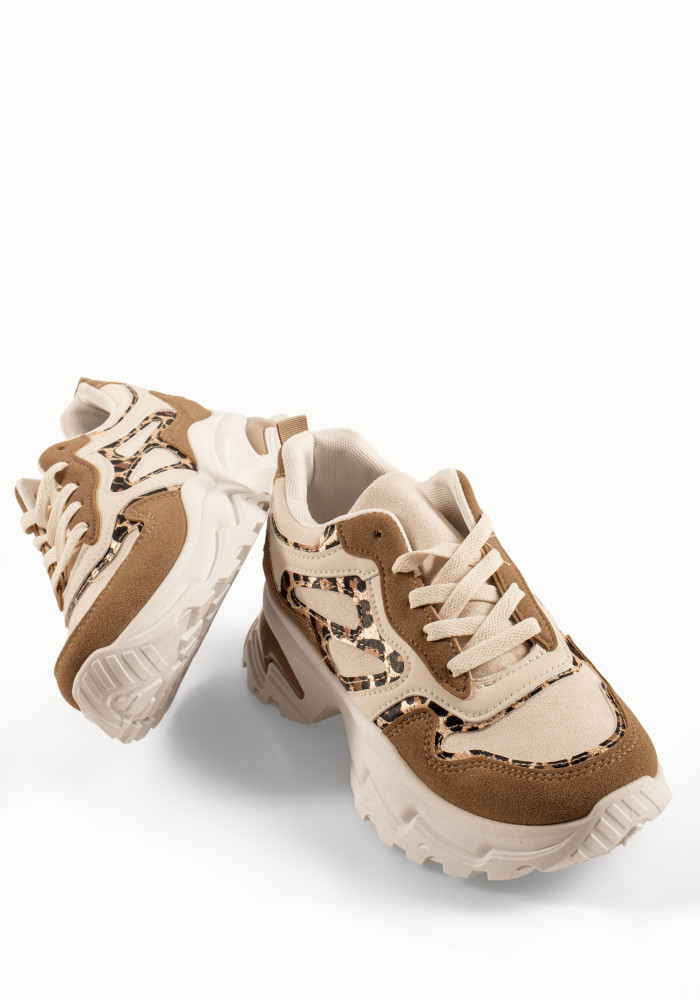 Γυναικεία μπεζ sneakers με ενισχυμένη chunky σόλα και λεοπάρ λεπτομέρειες
