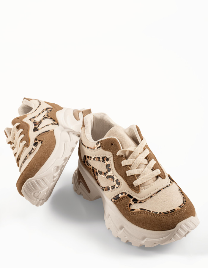 Γυναικεία μπεζ sneakers με ενισχυμένη chunky σόλα και λεοπάρ λεπτομέρειες