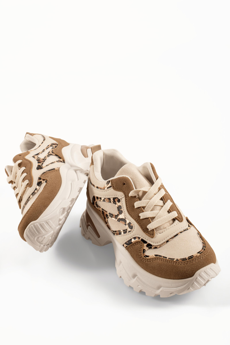 Γυναικεία μπεζ sneakers με ενισχυμένη chunky σόλα και λεοπάρ λεπτομέρειες