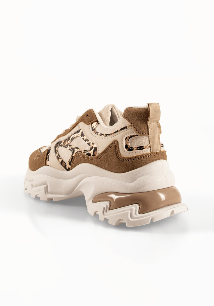 Γυναικεία μπεζ sneakers με ενισχυμένη chunky σόλα και λεοπάρ λεπτομέρειες