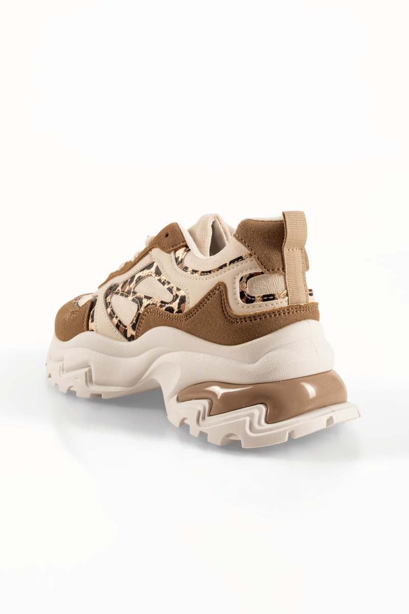 Γυναικεία μπεζ sneakers με ενισχυμένη chunky σόλα και λεοπάρ λεπτομέρειες