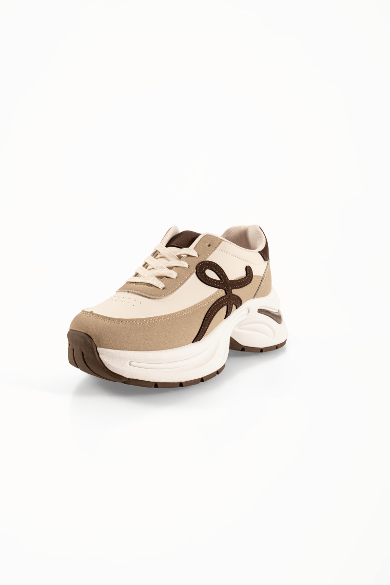 Μπεζ γυναικεία sneakers με καφέ πλαϊνό σχέδιο