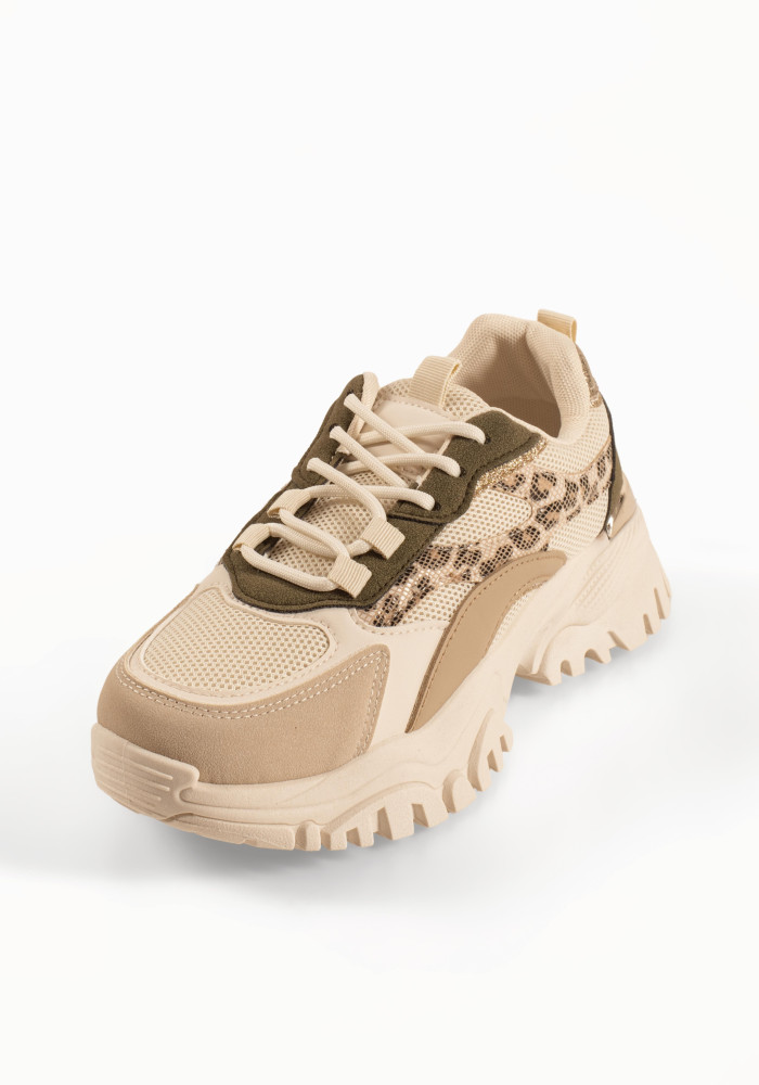 Chunky μπεζ γυναικεία sneakers με λαδί και λεοπάρ λεπτομέρειες