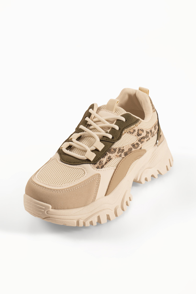 Chunky μπεζ γυναικεία sneakers με λαδί και λεοπάρ λεπτομέρειες