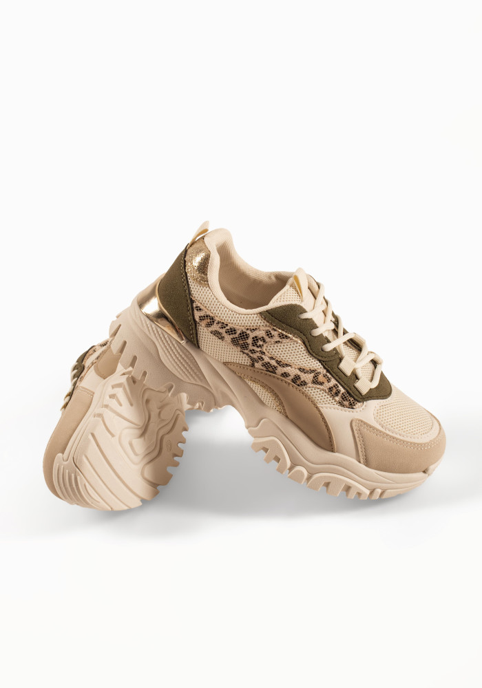 Chunky μπεζ γυναικεία sneakers με λαδί και λεοπάρ λεπτομέρειες