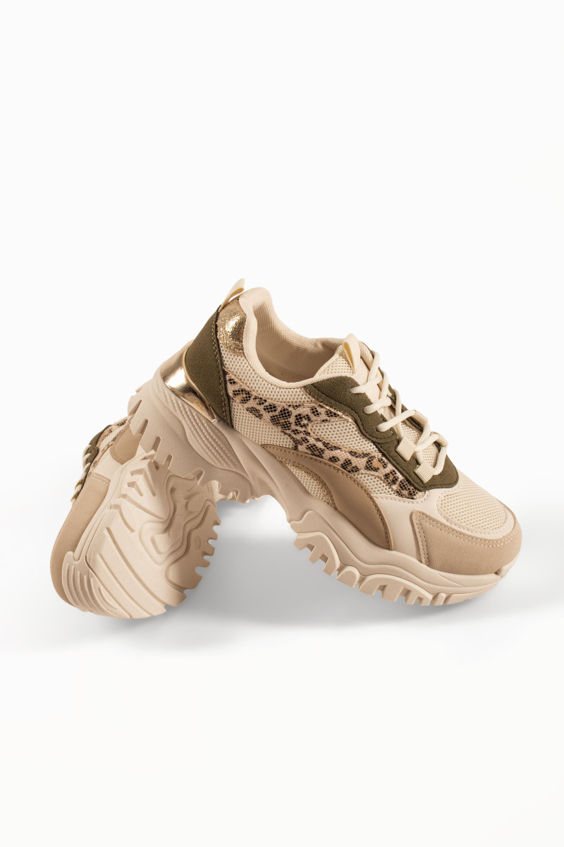 Chunky μπεζ γυναικεία sneakers με λαδί και λεοπάρ λεπτομέρειες