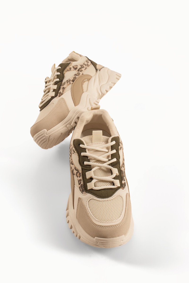 Chunky μπεζ γυναικεία sneakers με λαδί και λεοπάρ λεπτομέρειες