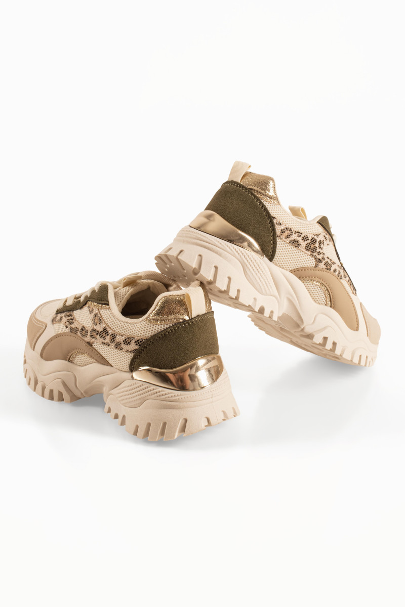 Chunky μπεζ γυναικεία sneakers με λαδί και λεοπάρ λεπτομέρειες