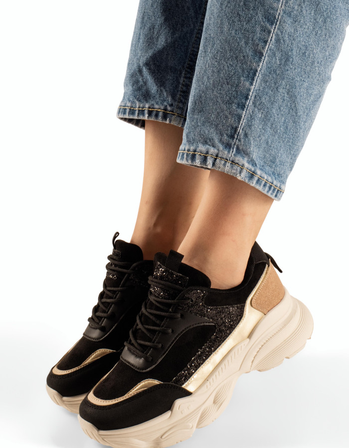 Γυναικεία μαύρα chunky sneakers με λεπτομέρειες glitter