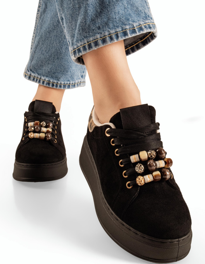 Zak μαύρα γυναικεία σουέτ sneakers με χάντρες και λεοπάρ λεπτομέρειες