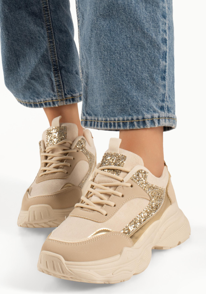 Γυναικεία μπεζ chunky sneakers με λεπτομέρειες glitter