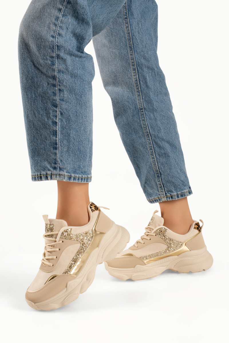 Γυναικεία μπεζ chunky sneakers με λεπτομέρειες glitter