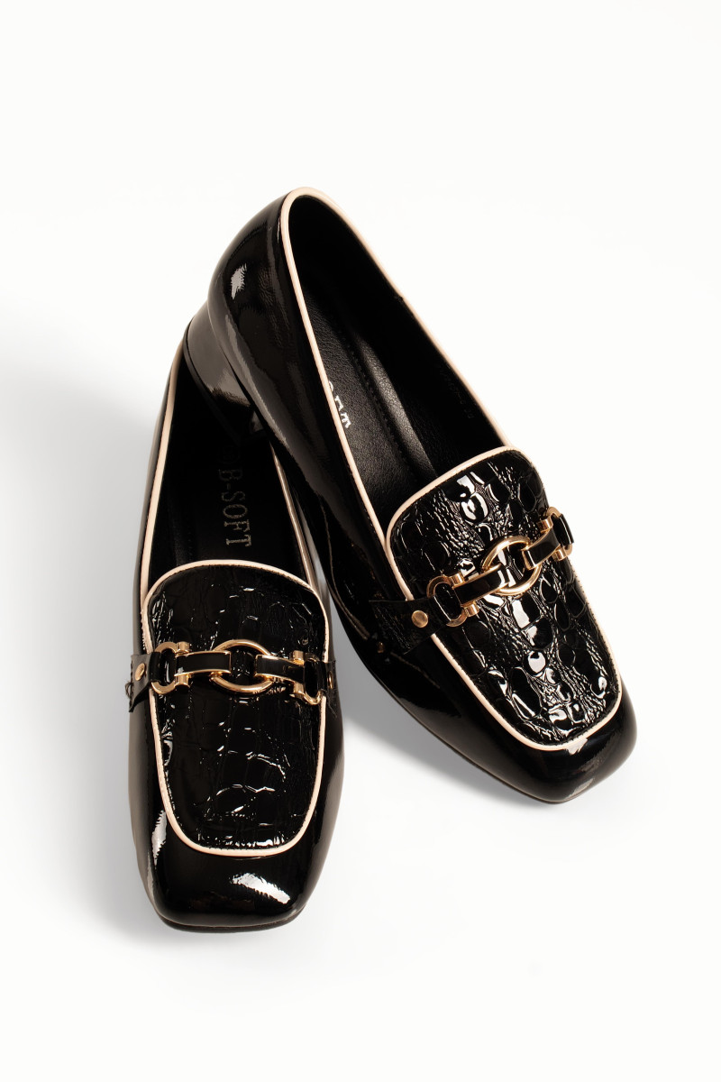 B-Soft γυναικεία μαύρα λουστρίνι loafers με κροκό σχέδιο και αγκράφα